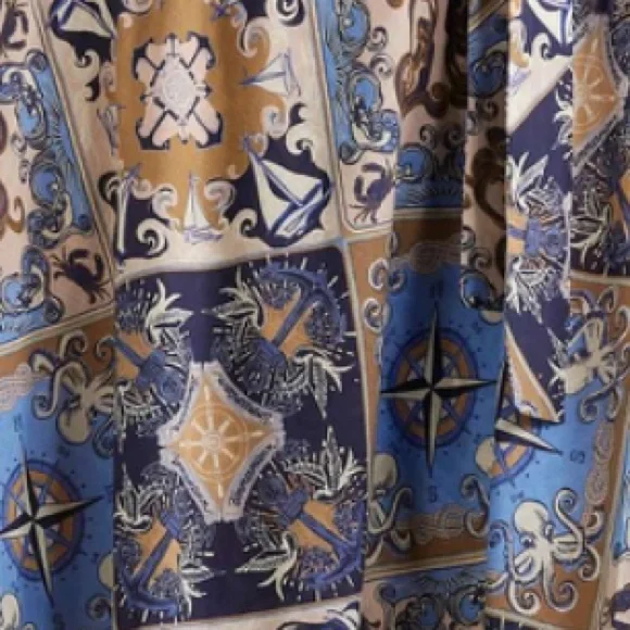 Zimmermann Patchwork Sailor Print Blue and Tan Long Sleeve Wrap Dress